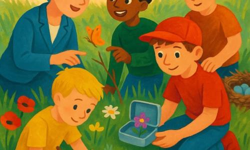 Cinq enfants et Madame Marin dans une grande prairie printanière au coucher de soleil : Léo, accroupi, tient une petite boîte en métal ouverte contenant une unique fleur violette qu’il regarde avec douceur ; Sami, debout à sa gauche, pointe un papillon posé sur une brindille avec un sourire émerveillé ; Tom, assis, dessine la fleur dans un carnet ; Hugo, légèrement en retrait, pose une main rassurante sur l’épaule de Léo en regardant un nid proche ; Madame Marin, agenouillée, souriante et attentive, montre la prairie aux enfants ; herbe verte piquée de coquelicots, pâquerettes et primevères, quelques papillons, un talus à droite abritant un petit nid avec cinq œufs bleus, lumière dorée rasante et textures gouache suggérant une atmosphère douce et attentive centrée sur la boîte et la fleur.