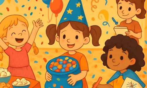 Quatre enfants se préparent pour leur fête du Nouvel An dans une grande salle des fêtes décorée de guirlandes scintillantes et de ballons colorés. Zoé, au centre, sourit en tenant un sac de cotillons. À gauche, Lila lance des confettis avec joie, tandis que Maïssa, à droite, dessine une banderole. Nina, en arrière, les observe avec un sourire malicieux. L'ambiance est festive, remplie de rires et de couleurs.