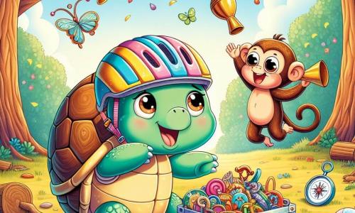 Une tortue joyeuse nommée Tuffy, portant un casque de vélo coloré et une boussole à sa patte, sourit en découvrant un coffre en bois rouillé rempli de babioles. À ses côtés, un singe acrobatique nommé Gus jongle avec une cloche de vache, riant de bon cœur. La scène se déroule dans une clairière ensoleillée d'une forêt enchantée, entourée d'arbres majestueux et de fleurs colorées. Tuffy et Gus s'apprêtent à organiser un défilé de mode amusant avec les objets du coffre, entourés d'animaux curieux.