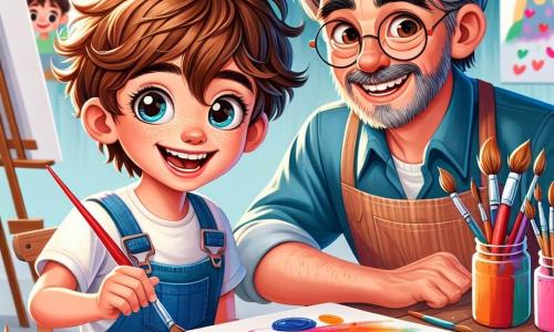 Lucas, un garçon de 8 ans avec des cheveux châtains en bataille et des yeux curieux, est assis à une table d'art, souriant. Il tient un pinceau et une palette de couleurs vives, concentré sur son tableau d'un paysage imaginaire. À côté, Monsieur Marcel, un homme d'environ 50 ans avec des cheveux poivre et sel et des lunettes rondes, l'observe avec bienveillance, portant un tablier de peintre. L'atelier est rempli de toiles blanches, de pots de peinture colorée et de pinceaux, avec des dessins d'enfants aux murs, créant une ambiance joyeuse. Lucas est absorbé par son art, tandis que Monsieur Marcel l'encourage à explorer son imagination, illustrant la découverte et l'expression artistique.