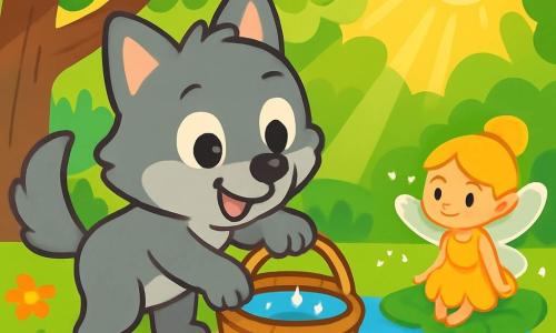 Un petit loup nommé Loulou, au pelage doux et gris, remplit un panier en osier d'eau claire à la source, souriant avec enthousiasme. À ses côtés, une petite fée dorée, avec des ailes scintillantes, l'observe sur une feuille de nénuphar. Ils se trouvent dans une clairière ensoleillée, entourée d'arbres majestueux et de fleurs colorées. Loulou cueille des dattes juteuses sur un vieux figuier pour l'iftar, tandis que la fée l'encourage.