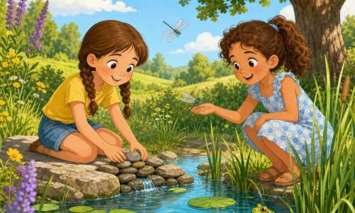 Deux fillettes d'environ 8 ans jouent au bord d'une petite mare en été : à gauche, une blonde châtain en deux tresses, peau claire, t-shirt jaune et short en jean, assise sur une pierre et souriante, construit un petit barrage de cailloux ; à droite, une brune aux cheveux bouclés attachés, peau légèrement bronzée, en robe légère à fleurs bleu clair, accroupie près des roseaux et tendant la main vers une libellule posée sur sa paume. La mare calme, bordée de nénuphars, roseaux et fleurs sauvages jaunes et mauves, reflète des teintes bleu-vert ; on voit une grenouille sur un nénuphar et un grand chêne en arrière-plan à droite. Scène lumineuse de fin de matinée, atmosphère douce et joyeuse, style vectoriel simple avec traits nets et aplats de couleur.