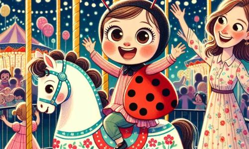 Mia, une coccinelle de 2 ans avec un grand sourire et des taches noires sur son dos rouge, danse joyeusement sur un manège coloré. Elle porte un costume de coccinelle avec des antennes, et ses yeux brillent d'excitation. Sa maman, une femme d'une trentaine d'années aux cheveux bruns et au sourire chaleureux, l'encourage en levant les bras, vêtue d'une robe légère aux motifs floraux. Le parc est animé, rempli de lumières scintillantes, de ballons et d'enfants riant autour du manège. Mia, joyeuse, chevauche un cheval blanc du manège, tandis que sa maman l'observe avec amour, créant une atmosphère festive et magique.