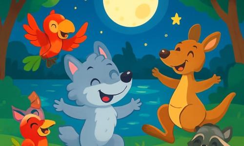 Loupinou, un loup au pelage gris doux et aux yeux curieux, danse joyeusement au bord d'un lac scintillant. Il sourit, plein d'énergie. À ses côtés, Patapon, un perroquet coloré aux plumes vives, bat des ailes en riant. Kango, un kangourou joyeux au pelage brun, bondit autour d'eux, tandis que Ratonnet, un petit raton laveur malicieux, applaudit sur une pierre. Le lac est entouré d'arbres majestueux, éclairé par la lune et les étoiles, créant une ambiance magique. Les quatre amis profitent d'une nuit d'aventure pleine de bonheur et d'amitié.