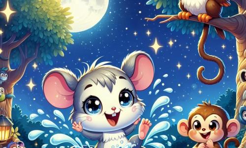 Une petite souris nommée Mimi, avec de grands yeux pétillants et une petite queue qui zigzague, danse joyeusement dans un seau d'eau, éclaboussant autour d'elle. À côté, un petit singe espiègle, avec un pelage brun et une banane à la main, rit aux éclats, tandis qu'un hibou sage, perché sur une branche, les observe avec un sourire malicieux. Ils s'amusent ensemble dans une forêt enchantée, baignée par la lumière de la lune, créant des éclaboussures d'eau dans une ambiance joyeuse et magique.
