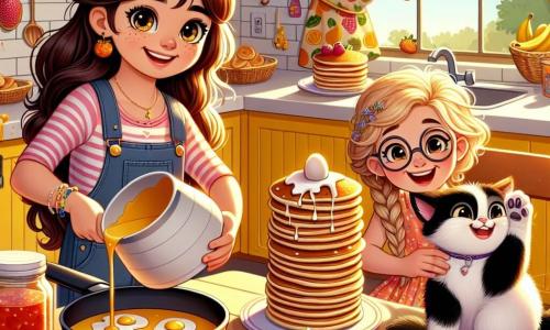 Dans une cuisine ensoleillée, Célia, 8 ans, verse de la pâte à pancakes dans une poêle, tandis que Lila, 7 ans, tient un pot de confiture. Zoé, 8 ans, riant, essaie de nettoyer un œuf cassé au sol. La cuisine, aux murs jaunes et décorée de fruits, est animée par une grande table remplie de fruits, de confiture et de pancakes. Biscuit, un chat noir et blanc, est au centre, prêt à jouer. Les filles préparent un petit déjeuner surprise pour la fête des pères dans une ambiance joyeuse.