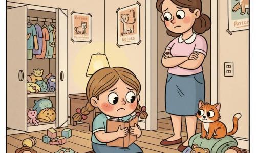 Emma, 8 ans, visage rond, châtain clair en deux couettes, yeux grands et joues rosies, accroupie au centre d'une chambre en désordre, tenant un livre contre sa poitrine; sa mère d'environ 35 ans, cheveux bruns attachés, silhouette douce, bras croisés, debout dans l'encadrement de la porte, air déçu mais bienveillant; un petit chat roux assis sur une pile de peluches, queue enroulée autour d'un ourson; chambre à plancher clair, jouets éparpillés, placard entrouvert, affiches d'animaux et lampe de chevet jaune diffusant une lumière chaude; scène de confrontation tranquille — la mère a surpris la fille qui avait promis de ranger; atmosphère gênée mais tendre, composition centrée sur le duo mère-fille, couleurs pastel, contours noirs souples et proportions exagérées de type rubber hose.