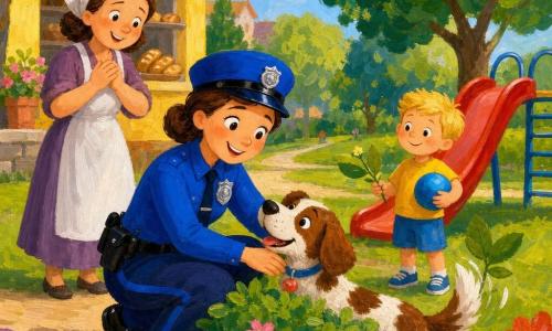 Julie, une policière joyeuse en uniforme bleu vif et badge argenté, s’agenouille pour caresser Filou, un petit chien tacheté marron et blanc caché derrière un buisson près d’un toboggan rouge; un garçon de 5 ans aux cheveux blonds tient un ballon bleu et regarde, tandis que Madame Lila, la boulangère, observe émue près d’une petite boulangerie jaune; parc lumineux avec herbe verte, arbres ronds, chemin de gravier et fleurs stylisées, composition centrée, formes simples et couleurs vives en peinture acrylique aux traits épais.