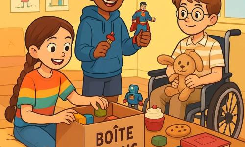 Trois personnages sont présents : Maria, une fille de 11 ans aux longues tresses brunes, assise sur un coussin moelleux entourée de jouets, trie des objets pour la boîte à dons. Jaouad, un garçon de 11 ans avec un sourire éclatant, se tient à côté d'elle, tenant une figurine de super-héros et un bonbon. Léon, un garçon de 12 ans en fauteuil roulant avec des lunettes rondes, les observe avec un sourire encourageant, tenant une peluche. L'action se déroule dans une petite cuisine ensoleillée aux murs jaunes, où la lumière du soleil éclaire une table pleine de jouets, de livres et de pâtisseries. Les amis rient et discutent joyeusement, illustrant l'esprit de partage et de solidarité du Ramadan.