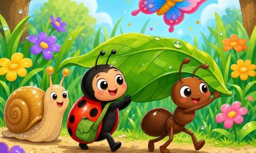 Une coccinelle rouge à pois noirs, yeux brillants et petit sourire, porte un petit sac vert et tire une grande feuille que poussent à ses côtés une fourmi brune souriante et robuste et un escargot beige à coquille brillante ; un papillon aux ailes roses et bleues vole au-dessus en laissant des étincelles de couleur. Le jardin lumineux, aux herbes hautes, fleurs jaunes, violettes et orange et arbres verts au tronc texturé, présente quelques gouttes de rosée. Scène centrée, couleurs vives, contours doux et formes simples adaptées aux tout-petits.