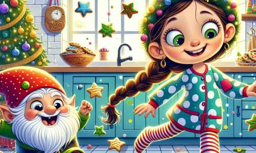 Une fille de 8 ans, Zoé, avec de longs cheveux bruns en tresses, porte un pyjama à pois colorés et des chaussettes rayées. Elle sourit émerveillée en courant après des biscuits en forme d'étoile sur la table de la cuisine. À côté d'elle, un petit lutin nommé Gribouille, avec une peau verte et un bonnet rouge, rit en essayant d'attraper un biscuit. La cuisine est décorée de guirlandes scintillantes et d'un grand sapin illuminé, avec des flocons de neige en papier flottant. Zoé et Gribouille sont en pleine action, entourés de biscuits colorés, créant une ambiance festive et magique.