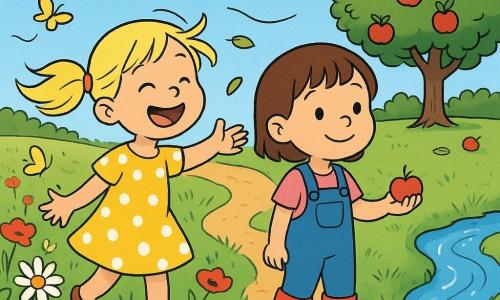 Deux filles de 6 ans, Émilie et Léa, sur un chemin de campagne bordé de marguerites et de coquelicots : Émilie, blonde en couettes, robe jaune à pois blancs, debout à gauche, tend la main vers le vent en riant ; Léa, brune aux cheveux courts, salopette bleue et bottes rouges, à droite, sourit en regardant le ruisseau en tenant une petite pomme rouge. À droite un ruisseau clair serpente et brille, à l'arrière un grand pommier chargé de pommes rouges dont quelques fruits tombent dans l'herbe verte où volent des papillons jaunes ; le vent soulève pétales et feuilles, gonfle leurs vêtements et fait danser les branches, scène joyeuse, lumineuse et pleine de mouvement.