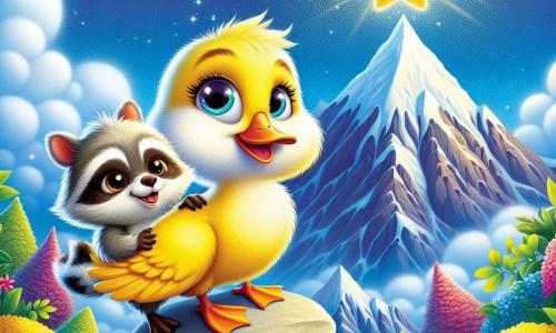 Un petit canard nommé Plumeau, avec un plumage jaune et des yeux déterminés, se tient au sommet d'une montagne. Il regarde une étoile dorée scintillante au-dessus de lui, tandis qu'un raton-laveur curieux, avec un pelage gris, l'encourage avec un sourire. Le ciel est bleu avec des nuages blancs, et la montagne est entourée de fleurs colorées. Plumeau et Rami découvrent l'Étoile Dorée, symbole de leurs rêves et de leur amitié, dans un moment de triomphe et de magie.