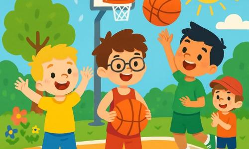 Quatre enfants jouent au basketball : Tom, 10 ans, cheveux bruns en bataille et lunettes, porte un maillot rouge et tient un ballon, souriant au centre. À gauche, Max, 9 ans, cheveux blonds et taches de rousseur, en short bleu et t-shirt jaune, lève les bras avec enthousiasme. À droite, Léo, 10 ans, cheveux noirs et sourire éclatant, en maillot vert et baskets blanches, fait un tir. Sam, 9 ans, cheveux châtains et casquette rouge, en t-shirt orange et short noir, applaudit en souriant. Ils sont sur un terrain de basketball en plein air, entouré d'arbres et de fleurs, sous un ciel bleu et ensoleillé, après une pluie. Les enfants rient et s'encouragent, pleins d'énergie pour profiter de leur journée.