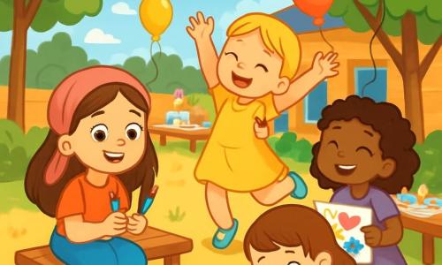 Quatre enfants sont réunis : Zoé, 5 ans, avec de longs cheveux bruns et un foulard rose, assise sur un banc avec des crayons colorés ; Inès, 5 ans, avec des cheveux blonds en tresses et une robe jaune, dansant joyeusement à côté d'elle ; Amira, 5 ans, avec des cheveux frisés et une robe violette, debout en riant avec une carte décorée ; Jade, 5 ans, avec des cheveux châtains et une robe à pois, accroupie près de Zoé, décorant une carte avec des paillettes. L'action se déroule dans une cour d'école ensoleillée, entourée d'arbres, avec des ballons et des guirlandes. Les amies chantent et rient autour de Zoé, qui dessine des cœurs et des nuages, créant une atmosphère joyeuse.