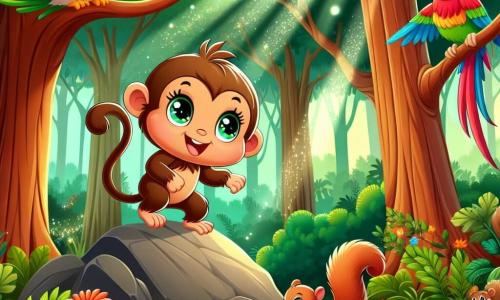 Mimi, une petite guenon au pelage brun clair et aux yeux déterminés, grimpe joyeusement sur un grand rocher. Elle sourit, pleine d'énergie, tandis qu'un perroquet rouge et vert, perché à côté, l'encourage avec admiration. Un écureuil aux poils soyeux l'observe en bas, prêt à aider. La scène se déroule dans une forêt enchantée, baignée de lumière, où Mimi tente de surmonter le rocher qui bloque son chemin, soutenue par ses amis, illustrant l'importance de l'amitié dans les moments difficiles.