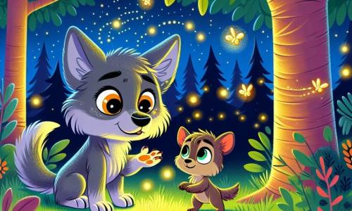 Petit Loup, un jeune loup aux grandes oreilles et à la fourrure grise, se tient timidement sous un grand arbre, émerveillé par les lucioles qui dansent autour de lui. Maman Loup, douce et protectrice, lui montre les étoiles scintillantes dans le ciel nocturne. La clairière est illuminée par la lumière des lucioles, avec des fleurs colorées et des ombres dansantes, créant une atmosphère magique. Petit Loup découvre la beauté de la nuit, réalisant que le noir peut être rempli de lumière et de surprises.