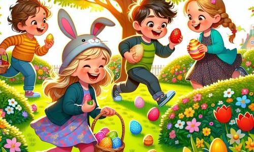 Dans un jardin ensoleillé, quatre enfants participent à une chasse aux œufs de Pâques. Lucas, 8 ans, porte un chapeau de lapin et tient un panier vide. Clara, 7 ans, brandit un œuf rose qu'elle a trouvé. Max, 9 ans, cherche derrière un buisson, tandis qu'Emma, 6 ans, saute de joie en découvrant un œuf en chocolat. Le jardin est rempli de fleurs colorées, avec un grand chêne au centre et des œufs en chocolat cachés dans l'herbe. Les enfants courent et rient, créant une atmosphère joyeuse et festive.