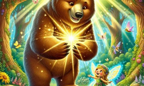 Un grand ours brun nommé Balthazar, avec un pelage doré, se tient au centre d'une clairière enchantée, déterminé et excité. Il regarde un éclat lumineux, le Cœur de la Forêt, un artefact magique rayonnant. À ses côtés, une petite fée nommée Lumina, avec des ailes scintillantes, vole joyeusement autour de lui, applaudissant avec enthousiasme. La scène se déroule dans une forêt verdoyante, avec des arbres majestueux, des fleurs colorées et des rayons de soleil filtrant. Balthazar, fier, vient de récupérer le Cœur de la Forêt pour sauver son habitat, tandis que Lumina célèbre leur victoire dans cette clairière lumineuse.