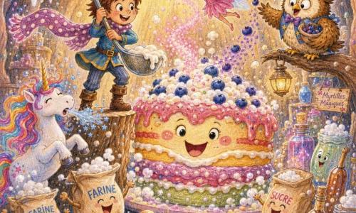 Prince Tilio, garçon d'environ 9 ans, souriant et malicieux, cheveux châtains en bataille et écharpe mauve à pois, debout sur une souche avec une grande louche magique couverte de crème; à sa gauche Pompom, licorne femelle blanc nacré à crinière arc‑en‑ciel qui éternue des petites étoiles bleues; au‑dessus du gâteau Frisette, minuscule fée aux couettes blondes et ailes translucides, agite une baguette qui laisse des traînées de paillettes roses; à droite Bouboule, hibou mâle rondouillet brun‑ocre aux grands yeux, perché sur une branche et lançant des myrtilles qui éclatent en violet. Le tout dans une caverne lumineuse remplie d'ingrédients magiques — sacs de farine dansants, œufs souriants, bocaux étincelants, stalactites en sucre glace et lumière dorée entrant par un trou — autour d'un énorme gâteau souriant couvert de crème et de myrtilles que tous décorent joyeusement, ambiance festive aux couleurs vives et textures crayon.