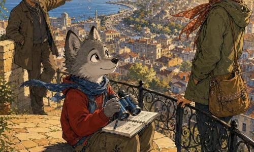 Un jeune loup anthropomorphe à la fourrure grise, yeux curieux, assis sur le rebord d'une terrasse en pierre couleur miel, tenant des jumelles métalliques bleues et un petit carnet à spirales sur les genoux, regarde émerveillé la ville en contrebas tandis qu'Aysel, guide humaine aux cheveux noirs relevés, veste kaki et sac en bandoulière, se tient légèrement en retrait à droite, main sur la rampe en fer forgé, et que Rustam, le chauffeur casquette et manteau sobre, appuyé sur un muret à gauche, indique la mer ; fin d'après-midi, lumière dorée, vent léger et ambiance chaleureuse.