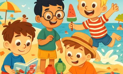 Quatre enfants sont présents : Jules, 7 ans, avec des cheveux bruns en bataille, assis sur le sable avec un livre sur le Japon ; Sami, 7 ans, avec des cheveux noirs et des lunettes, debout à côté de Jules montrant une pastèque glacée ; Léo, 7 ans, avec des cheveux blonds, sautant dans l'eau ; et Maxime, 7 ans, avec des cheveux châtains, dessinant des drapeaux en papier. Ils se trouvent sur une plage ensoleillée avec du sable doré, des vagues douces, des coquillages et des parasols colorés. Les amis préparent leur festival d'été, rient et s'amusent autour de livres, lanternes en papier et plats, partageant leurs découvertes sur les vacances d'été.