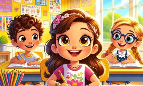 Clara, une fille de 8 ans aux longs cheveux bruns et aux yeux pétillants, est assise à une table de classe, souriante, entourée de crayons de couleur et de bonbons. Elle porte un t-shirt rose à fleurs et une jupe à pois. À côté d'elle, Lucas, un garçon aux cheveux bouclés et lunettes, lui montre des bonbons tout en expliquant une addition, son visage rayonnant d'enthousiasme. Mathilde, également âgée de 8 ans, avec des lunettes et des cheveux blonds tressés, se penche en avant, prête à aider Clara avec un carnet de mathématiques ouvert. La scène se déroule dans une salle de classe lumineuse aux murs jaunes, ornée d'affiches colorées. Les enfants travaillent ensemble sur des problèmes de mathématiques en utilisant des bonbons comme outils d'apprentissage, créant une atmosphère joyeuse et collaborative.