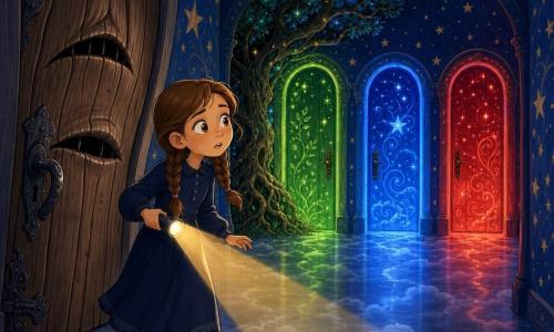 Fille de 10 ans au visage rond et taches de rousseur, cheveux bruns en nattes, grands yeux intrigués et un peu effrayés, avançant sur la pointe des pieds; elle porte une robe bleu nuit et chaussons rembourrés, tient une petite lampe torche projetant un cône de lumière jaune; la porte d'entrée en bois massif derrière elle semble 