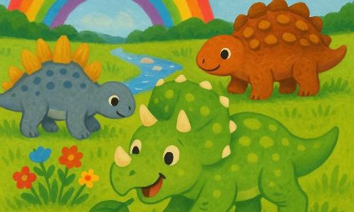 Tino, petit tricératops joyeux à la peau vert pâle tachetée et petites cornes crème, pousse une feuille du nez; Riri, stégosaure joueur au dos doré et peau gris-bleu, trottine en regardant les fleurs; Mina, ankylosaure calme à la carapace brun-roux et queue cloutée, veille derrière eux; ils arrivent ensemble dans une prairie lumineuse aux herbes épaisses, fleurs rouges, jaunes et bleues, un arc‑en‑ciel au ciel et une rivière scintillante bordée de pierres, s’arrêtent émerveillés au bord de l’eau dans une atmosphère douce, sûre et colorée.