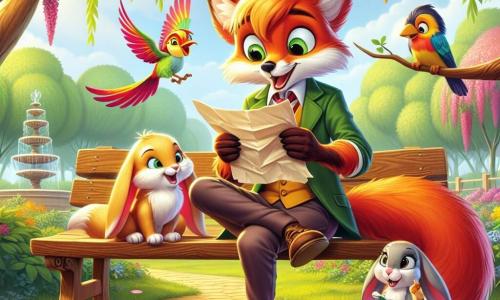 Rafi, un jeune renard aux poils flamboyants et aux yeux curieux, est assis sur un banc en bois, tenant une feuille froissée. Il a une expression déterminée, prêt à résoudre un mystère. À côté de lui, Naya, une lapine aux grandes oreilles, saute d'excitation, son visage rayonnant de joie. Lila, une pie bavarde aux plumes colorées, est perchée sur le dossier du banc, picorant une friandise avec un regard malicieux. Ils se trouvent dans un jardin ensoleillé, entouré de tilleuls majestueux et de fleurs colorées, avec une fontaine murmurante au fond. Rafi et ses amis examinent un plan mystérieux, entourés d'une atmosphère d'excitation, prêts pour l'aventure.