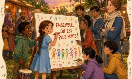 Lina, 10 ans, rayonnante et déterminée, tresse châtain, robe bleu clair et baskets un peu grandes, écrit au gros feutre rouge sur un grand panneau blanc « Toutes les couleurs sont belles » ; à gauche, Youssef, 9–10 ans, peau foncée, cheveux courts, sourit timidement, pose la main sur l’épaule de Lina et tient un petit tambour à ses pieds ; la mère de Lina, femme d’origine européenne au foulard léger, les observe avec fierté en arrière-plan à droite ; autour du panneau, un groupe mixte d’adolescents et de familles de diverses origines ajoute des mots et des dessins colorés (mains jointes, notes de musique, cœurs) dans un parc de festival au crépuscule, guirlandes et lanternes aux arbres, stands en tissu, herbe et lumières chaudes, créant une scène conviviale centrée sur l’unité.