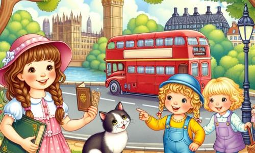 Trois amies, Lila, Mia et Zoé, se trouvent dans un parc londonien. Lila, quatre ans, a de longs cheveux bruns et porte une robe rose à pois blancs, tenant un livre ancien. Mia, aussi âgée de quatre ans, a des cheveux blonds en tresses et une salopette bleue, émerveillée par un bus rouge à deux étages. Zoé, avec des cheveux bouclés châtains et un t-shirt jaune, montre le Big Ben en arrière-plan. Le parc est fleuri, avec des arbres verdoyants et un étang où nagent des canards, sous un ciel ensoleillé. Les amies, accompagnées de Minou, un chat noir et blanc, découvrent un trésor sous un chêne, ouvrant une boîte ornée de motifs dorés contenant des images de Londres et un message sur l'amitié.