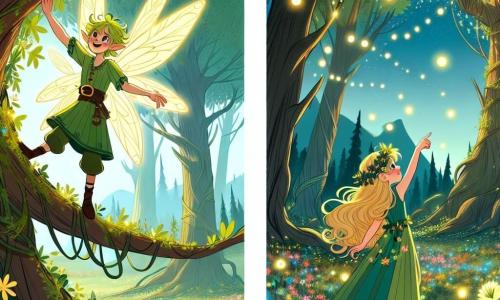Un elfe nommé Luminel, avec des ailes scintillantes et une tunique verte ornée de feuilles dorées, se tient sur une branche d'arbre, souriant joyeusement à Élodie, une fillette humaine de 8 ans aux cheveux dorés et aux yeux bleu clair, qui regarde avec émerveillement. Ils se trouvent dans une forêt magique, entourés d'arbres géants, de fleurs colorées et de lucioles, créant une atmosphère féerique. Luminel montre un éclat de lumière au loin, tandis qu'Élodie, excitée, s'approche pour découvrir les merveilles de la forêt.
