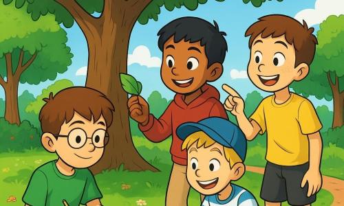 Quatre enfants explorent un parc verdoyant. Mathis, 10 ans, cheveux châtains et lunettes rondes, dessine un arbre assis sur l'herbe. Amir, 10 ans, cheveux noirs, observe une feuille d'arbre avec un sourire, portant un sweat-shirt rouge. Léo, 10 ans, cheveux blonds, ramasse un marron à côté de Mathis, vêtu d'une casquette bleue et d'un t-shirt à rayures. Joris, 10 ans, cheveux bruns et taches de rousseur, montre un arbre à ses amis, portant un t-shirt jaune. Le parc est rempli de grands arbres, d'herbe verte et de fleurs colorées, et les enfants s'amusent à dessiner et discuter de la nature.