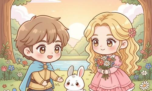 Un jeune prince souriant aux cheveux châtain clair et cape bleu ciel s'agenouille pour tendre la main vers un petit lapin blanc tacheté de gris, oreilles tombantes, assis sur une touffe d'herbe; à ses côtés se tient la princesse Charlotte, environ 16 ans, aux longs cheveux bouclés blonds en robe rose tenant un bouquet de fleurs sauvages. La clairière enchantée, herbe moelleuse et fleurs colorées devant un petit lac reflétant un ciel pastel au coucher du soleil, dégage une ambiance tendre et paisible aux couleurs pastel, lumière chaude, style chibi kawaii aux traits arrondis et expressions très mignonnes.