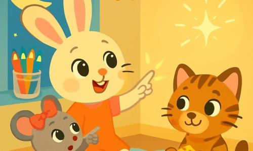 Lila la lapine, avec son pelage crème et ses grandes oreilles, observe avec émerveillement une petite lumière qui danse sur le mur. Elle est assise sur un tapis moelleux, rayonnante d'excitation. À côté d'elle, Mimi la souris, petite et grise avec un nœud rouge, pointe du doigt la lumière scintillante, tandis que Toto le chaton, aux poils tigrés et aux yeux verts, sourit malicieusement en tenant un bout de ruban adhésif. La scène se déroule dans la chambre de Lila, décorée de murs pastel et d'étoiles dorées, où un pot de crayons colorés brille à la lumière de la lune. Ensemble, ils mènent une enquête amusante pour découvrir l'origine de cette lumière mystérieuse.