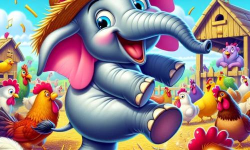 Un éléphant joyeux nommé Eliott, avec de grandes oreilles roses et un chapeau de paille, danse au milieu d’un poulailler. Ses yeux brillent d’excitation et il sourit largement. À ses côtés, Cocotte, une poule rousse, glousse en essayant de suivre le rythme. Le poulailler est coloré, avec des poules curieuses et des coqs fiers, sous un ciel bleu avec des nuages blancs. Eliott fait des pirouettes, éclaboussant de la paille, tandis que les autres animaux l’observent avec surprise et joie.