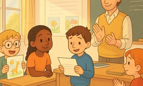 Un instituteur au visage rond et souriant, cheveux châtains en bataille, chemise claire et gilet moutarde, se tient près du tableau en applaudissant doucement; devant la classe, Sami (9–10 ans) lit une feuille, timide puis fier, Inès (9–10 ans) à tresses le regarde en souriant, Noah (9–10 ans) aux lunettes montre un dessin avec enthousiasme et Lina (9–10 ans) aux cheveux roux applaudit; la salle lumineuse, murs couverts de dessins et affiches, grandes fenêtres, tableau avec l’affiche « Le métier d’instituteur », ambiance douce et chaleureuse au crépuscule, traits nets et couleurs pastels.