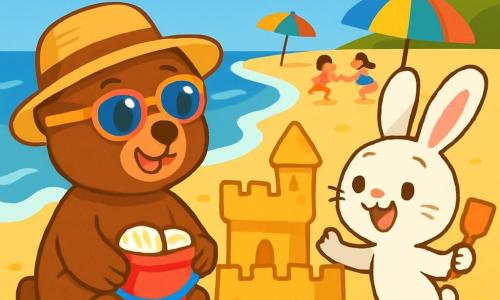 Petit Ours, un ourson brun aux yeux pétillants, est assis sur le sable de la plage avec un grand sourire. Il porte un chapeau de paille et des lunettes de soleil, tenant un seau rouge rempli de coquillages. À ses côtés, Léo le lapin, aux grandes oreilles et au pelage blanc, saute de joie avec une petite pelle en plastique. La scène se déroule sur une plage ensoleillée, avec des vagues scintillantes, des parasols colorés et des enfants qui jouent. Petit Ours et Léo construisent un château de sable, entourés d'une ambiance joyeuse et estivale.