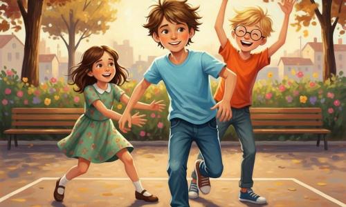 Lucas, 10 ans, cheveux châtains en bataille, t-shirt bleu ciel et jean, lance un ballon de foot en courant avec un sourire timide; Max, ~11 ans, blond en bataille et lunettes rondes, rit et lève les bras derrière Lucas à droite; Clara, 10 ans, cheveux bruns mi-longs et robe verte à petites fleurs, réceptionne le ballon à gauche, genou plié; cour de récréation goudronnée avec marquages, arbres aux feuilles dorées, bancs et haie fleurie; lumière dorée d'après-midi, couleurs vives, gestes dynamiques et atmosphère chaleureuse.
