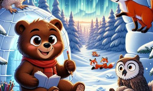 Bobby l'ours, un jeune ours brun curieux, est assis dans un igloo en neige, souriant avec un carnet et un crayon pour dessiner. À ses côtés, Tina la renarde, au pelage roux, rit en montrant une pierre brillante, tandis que Max le hibou, avec ses plumes grises et ses lunettes, feuillette un livre sur les aurores boréales, pensif. Ils se trouvent dans un paysage enneigé de Laponie, entourés de sapins et de flocons de neige, partageant des rires et des histoires, célébrant leur amitié et leur aventure.