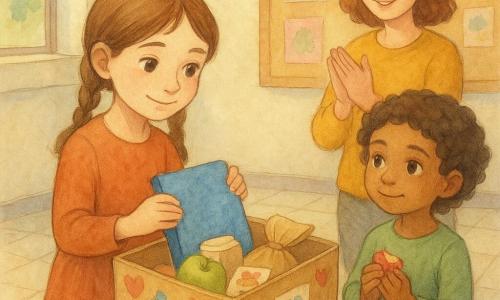 Lina, 8 ans, au visage doux et concentré et aux nattes châtain, sourit timidement en posant un cahier bleu usé dans une boîte décorée ; Nour, ~7 ans, peau olive et cheveux courts bouclés, tient un petit bout de pomme et regarde la boîte avec gratitude ; la maîtresse d’environ 30 ans, lunettes rondes et pull moutarde, applaudit derrière la table près d’un panneau d’affichage ; lieu : couloir d’école éclairé par une grande fenêtre avec sol carrelé et affiches colorées ; boîte en carton peinte de cœurs étiquetée « Partage » contenant cahiers, goûters emballés et petits dessins ; ambiance chaleureuse, couleurs douces et textures aquarelle.