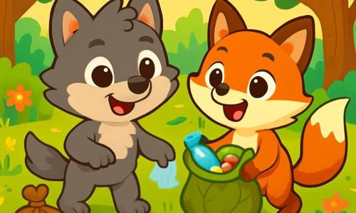 Léo, un petit loup aux yeux pétillants et à la fourrure douce, se tient joyeusement au bord d'une rivière, souriant en ramassant des déchets avec ses petites pattes. À ses côtés, Clara, une renarde rousse malicieuse, l'encourage en tenant un sac rempli de déchets. Ils se trouvent dans une forêt verdoyante et lumineuse, entourés d'arbres majestueux et de fleurs colorées. Léo et Clara sont déterminés à nettoyer leur environnement, avec des déchets flottant dans l'eau et des sacs de détritus à leurs pieds, symbolisant leur engagement pour la protection de la nature.