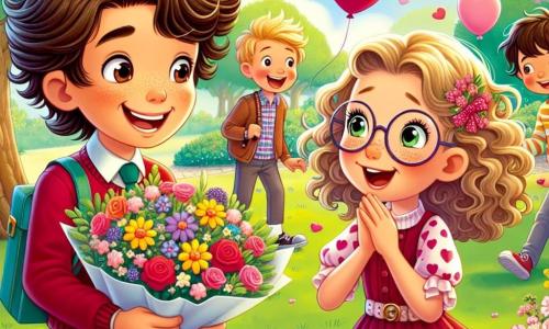Dans un parc ensoleillé, Hugo, un garçon de onze ans aux cheveux bruns en bataille, tient un bouquet de fleurs colorées et une carte en forme de cœur. À ses côtés, Emma, une fille aux cheveux blonds et bouclés en robe rose, admire le bouquet. Max, un autre garçon aux cheveux ébouriffés et lunettes rondes, sourit en tenant une assiette de biscuits en forme de cœur. Le parc est décoré de ballons rouges et roses, avec des enfants jouant autour d'une grande table ornée de guirlandes. Hugo présente le bouquet à Emma tandis que Max se prépare à partager les biscuits, créant un moment chaleureux de célébration de l'amitié et de la Saint-Valentin.