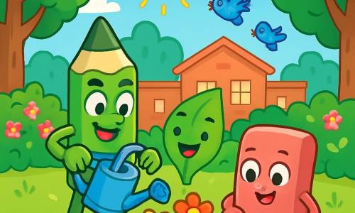 Colorin, un crayon vert vif et joyeux, se tient au centre, tenant un arrosoir rempli d'eau pour arroser des fleurs colorées. À ses côtés, une gomme rose souriante tient une petite pelle et regarde avec enthousiasme les graines qu'ils viennent de planter. En arrière-plan, une feuille verte, guide de la réserve, sourit en montrant les fleurs qui commencent à éclore. Le lieu est une cour d'école ensoleillée, entourée d'arbres majestueux et de buissons fleuris, sous un ciel bleu éclatant. Colorin et ses amis sont pleins d'énergie et de joie, unis dans leur mission de protéger la nature.