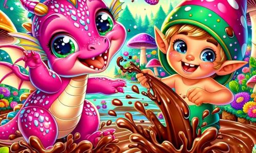 Un petit dragon rose aux écailles scintillantes et aux yeux brillants saute joyeusement dans un ruisseau de chocolat. Ses ailes déployées et son large sourire illuminent son visage. À ses côtés, un lutin nommé Lulu, avec des oreilles pointues et un chapeau trop grand, éclabousse le dragon de chocolat. Le décor est une forêt enchantée où les arbres multicolores chantent et des fleurs vives dansent au vent, tandis que le ruisseau serpente entre des champignons géants. La scène montre le dragon et le lutin jouant ensemble, riant dans l'eau sucrée, entourés de papillons arc-en-ciel et de petits animaux curieux.
