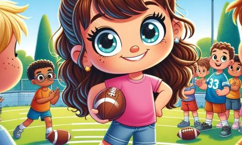 Au centre de l'image, Lisa, une fille de 7 ans aux longs cheveux bruns et aux yeux curieux, porte un t-shirt rose et un short en jean. Elle sourit avec détermination sur un terrain de jeu, entourée de camarades. À sa droite, Max, un garçon de 8 ans aux cheveux blonds et lunettes rondes, admire Lisa tout en tenant un ballon de football. En arrière-plan, des enfants se rassemblent autour d'un terrain de football, discutant ou s'échauffant sous un ciel bleu ensoleillé, avec des arbres verdoyants. Lisa s'approche d'un groupe de garçons pour leur demander de jouer au football, déterminée à prouver que les filles peuvent jouer aussi bien que les garçons.