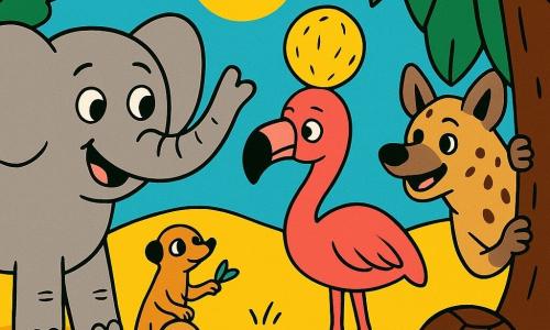 Un grand éléphant gris perle nommé Édouard, visage rond et yeux bienveillants, surpris et joyeux, tient sa trompe levée comme un micro; un flamant rose nommé Félix porte une noix de coco jaune en chapeau, un peu gêné mais amusé; une hyène rieuse à droite serre les feuilles-rideaux en regardant la noix de coco, complice; trois suricates vifs à gauche forment une chaîne, l’un mime la victoire pendant que les autres tirent une brindille; une tortue brune à carapace rayée pousse lentement une petite branche près d’un pupitre fissuré; décor : colline herbeuse dorée sous un ciel doux, rochers tièdes, arbre au tronc creux transformé en pupitre, grandes feuilles vertes en rideaux et une noix de coco-soleil coincée entre deux pierres; scène centrée et joyeuse montrant le moment où la noix de coco a poppé sur la tête de Félix, tous regardent et rient, ambiance chaleureuse, couleurs vives, formes simples et contours nets.
