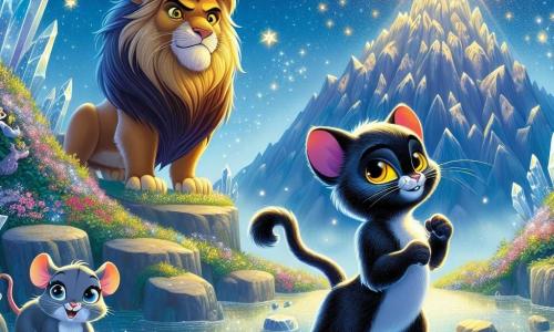 Félix, un chat noir aux yeux jaunes, se tient courageusement au sommet de la Montagne des Étoiles, déterminé à affronter le sorcier maléfique. À ses côtés, Léon, un lion à la crinière dorée, rugit fièrement, tandis que Clara, une petite souris grise, court autour de Malgarn pour le distraire. Le sommet est illuminé par un cristal magique, sous un ciel étoilé, avec une brise douce. Félix et ses amis sont unis pour défendre leur forêt enchantée contre Malgarn, le sorcier maléfique.