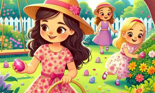Dans un jardin ensoleillé, trois filles cherchent des œufs de Pâques. Léa, 7 ans, avec des cheveux bouclés et une robe rose, tient un panier rempli d'œufs colorés. À sa droite, Zoé, 8 ans, avec un chapeau de paille et des cheveux blonds, cherche sous un buisson. À gauche, Mia, 6 ans, aux cheveux raides et noirs, tient un œuf jaune près d'un pot de fleurs. Le jardin est coloré, avec des fleurs, des papillons et un grand arbre. Les filles cherchent un œuf magique qui change de couleur, prêtes à le découvrir avec surprise et joie.